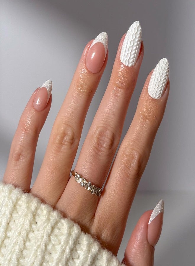 Glamnetic Press On Nails - Sweater Weather | Short Almond Fake Nails with White Glitter French Tips & 3D Designs in a Glossy Finish, Salon Quality Winter Nails | 15 Sizes - 30 Nail Kit with Glue - Image 1